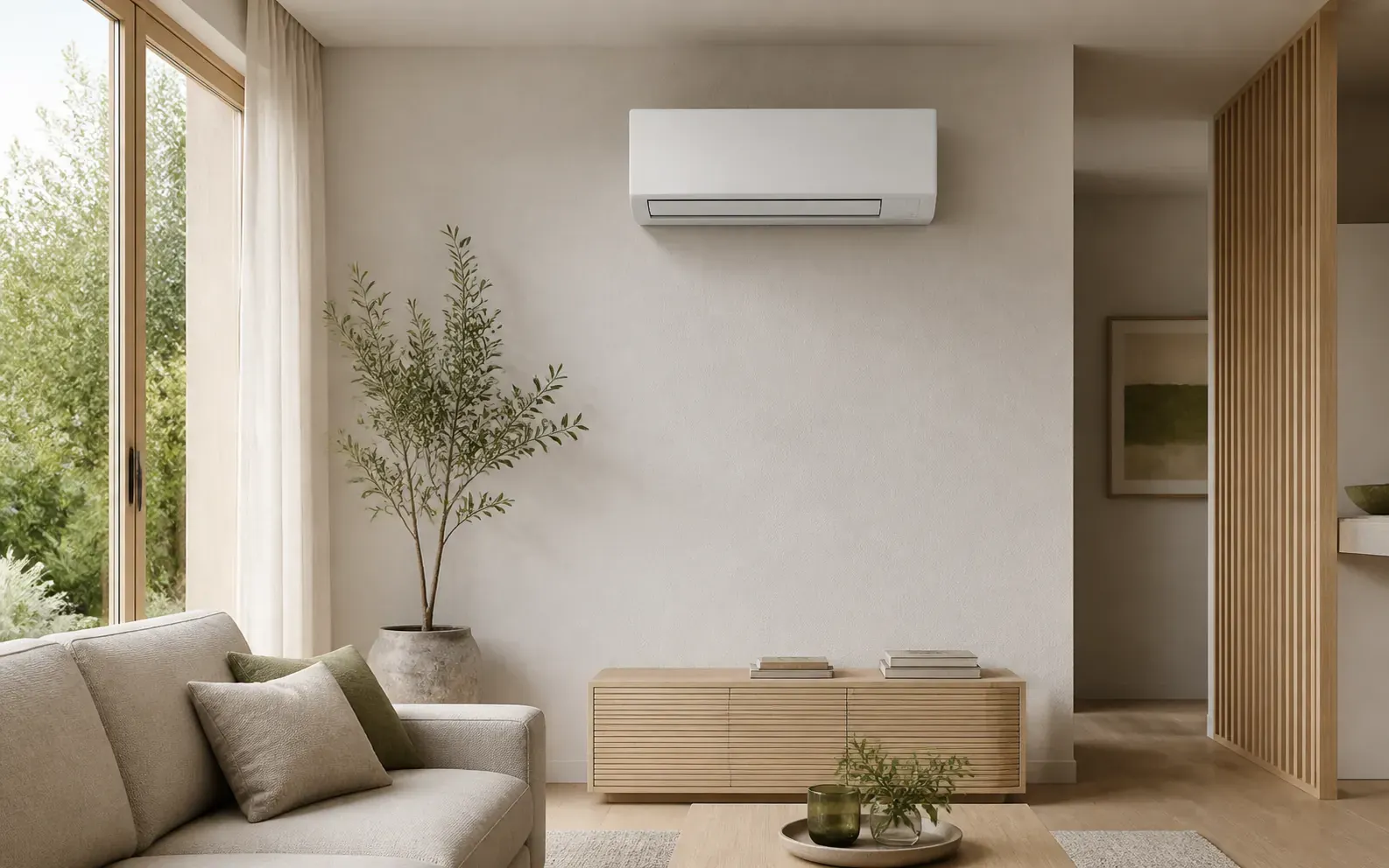 Salón ilustrativo con una unidad interior blanca de aire acondicionado sobre un mueble de madera.