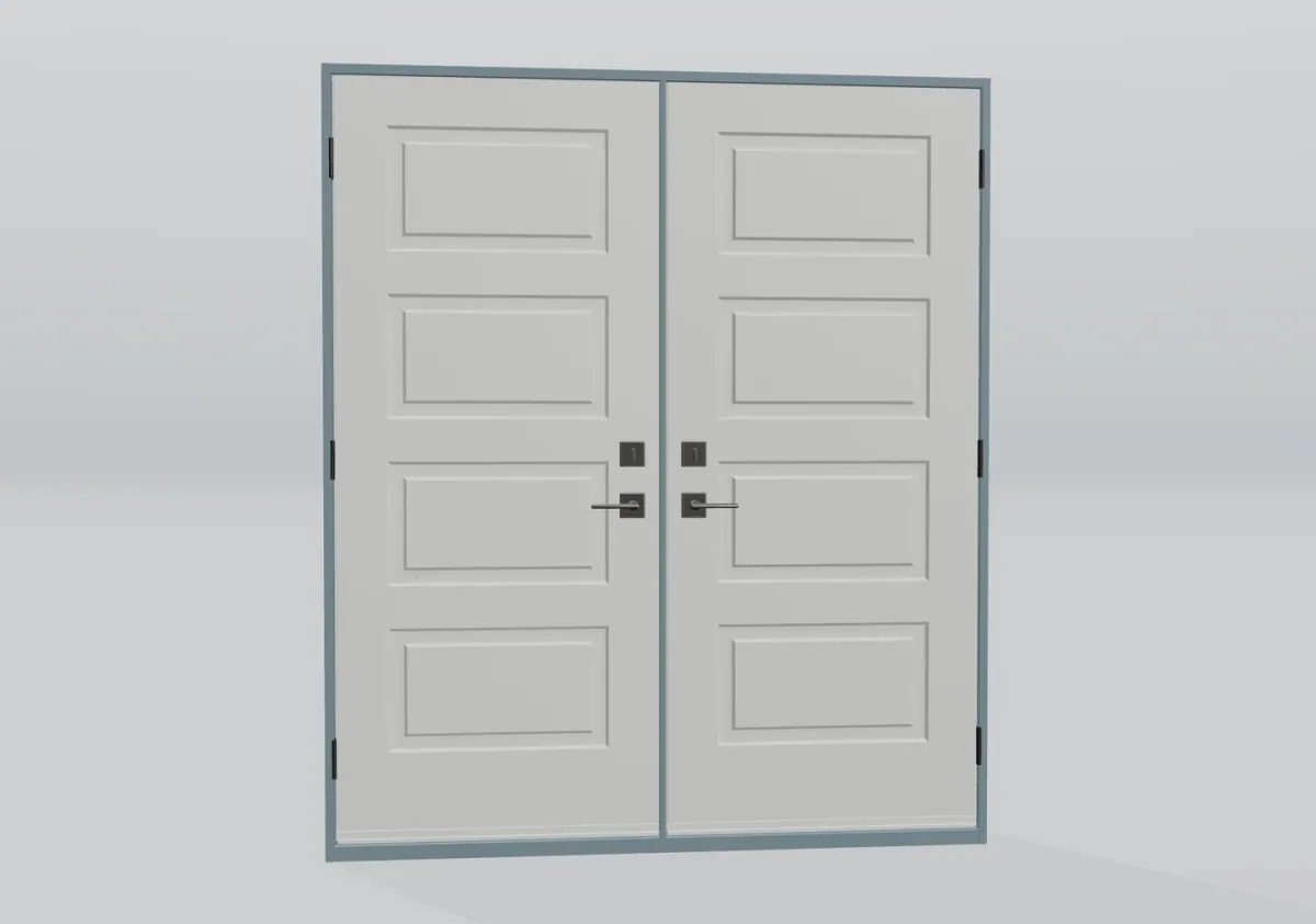 Puertas dobles blancas de cuatro paneles con tiradores de palanca en una vista de producto 3D