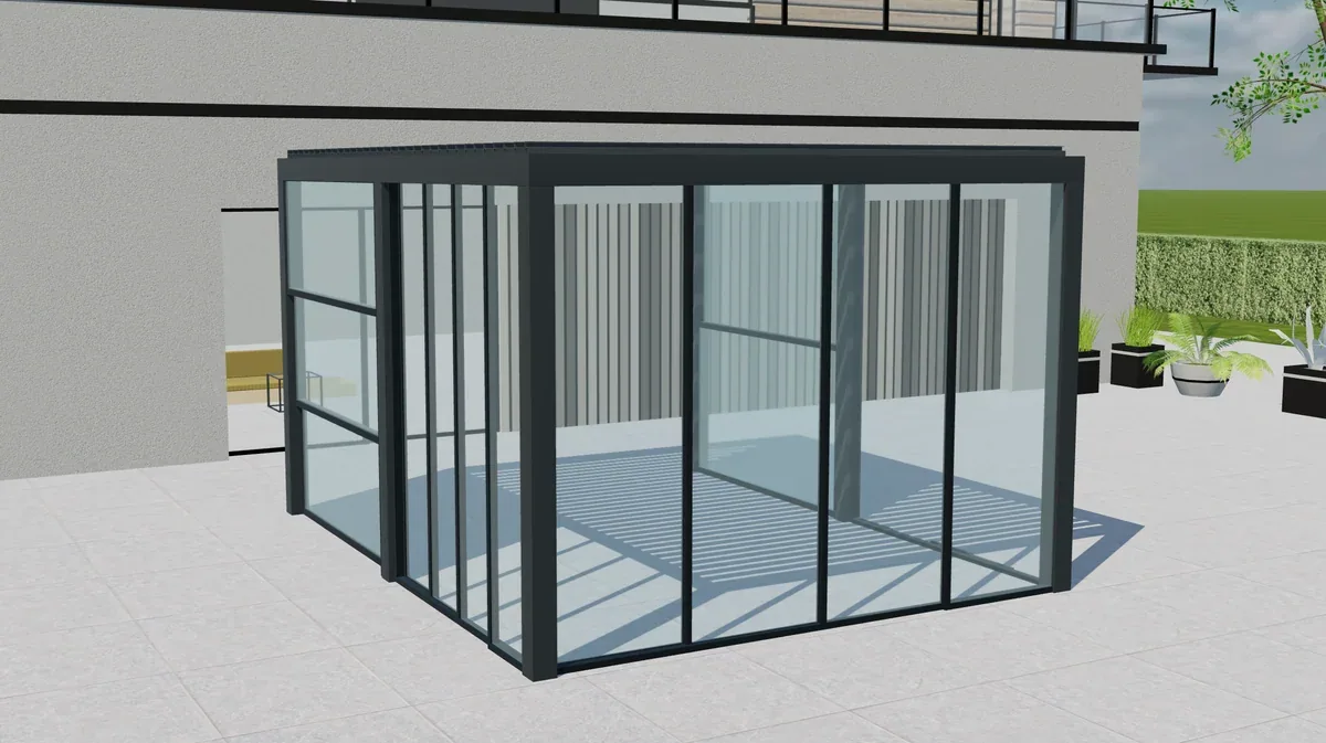 Pérgola de lamas Tenteks Italia con paneles de vidrio en vista 3D