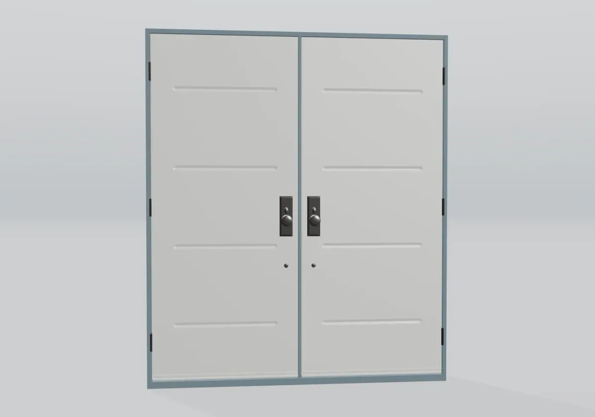 Puertas dobles blancas con ranuras horizontales y pomos oscuros