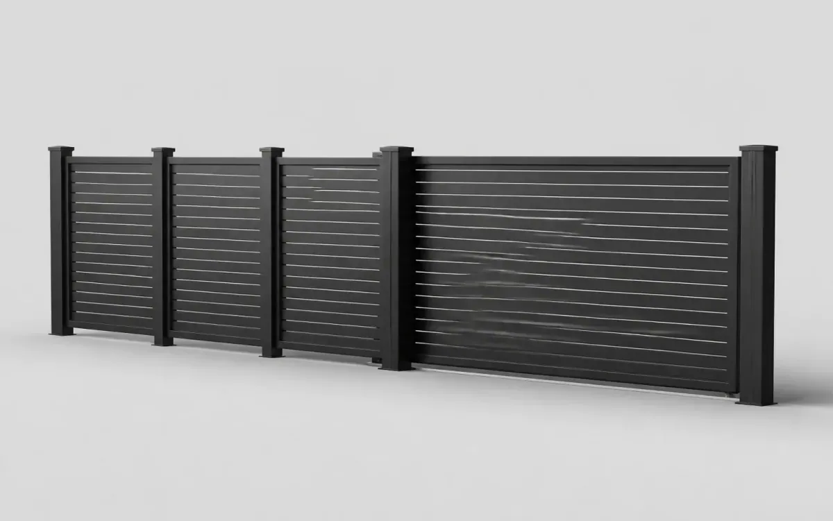 Puerta de lamas horizontales oscuras con paneles de valla a juego en vista de producto 3D
