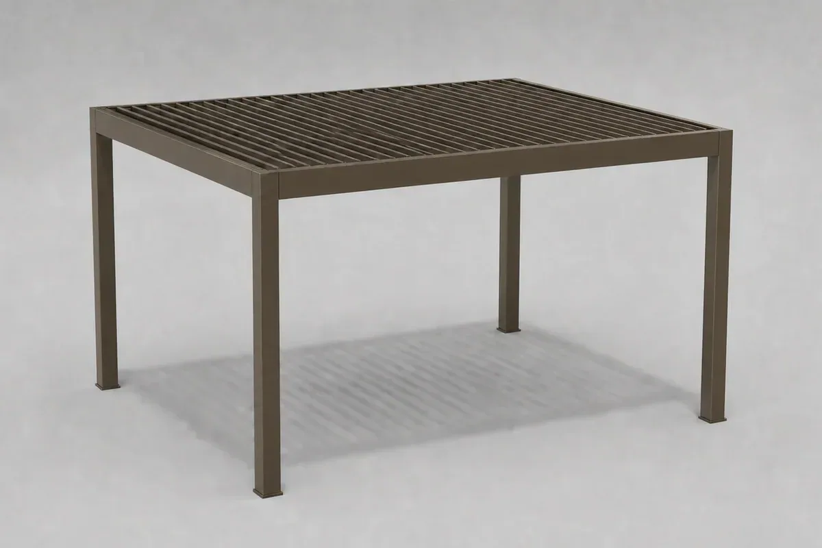 Pérgola independiente de bronce con techo de lamas en una vista de producto neutra en 3D