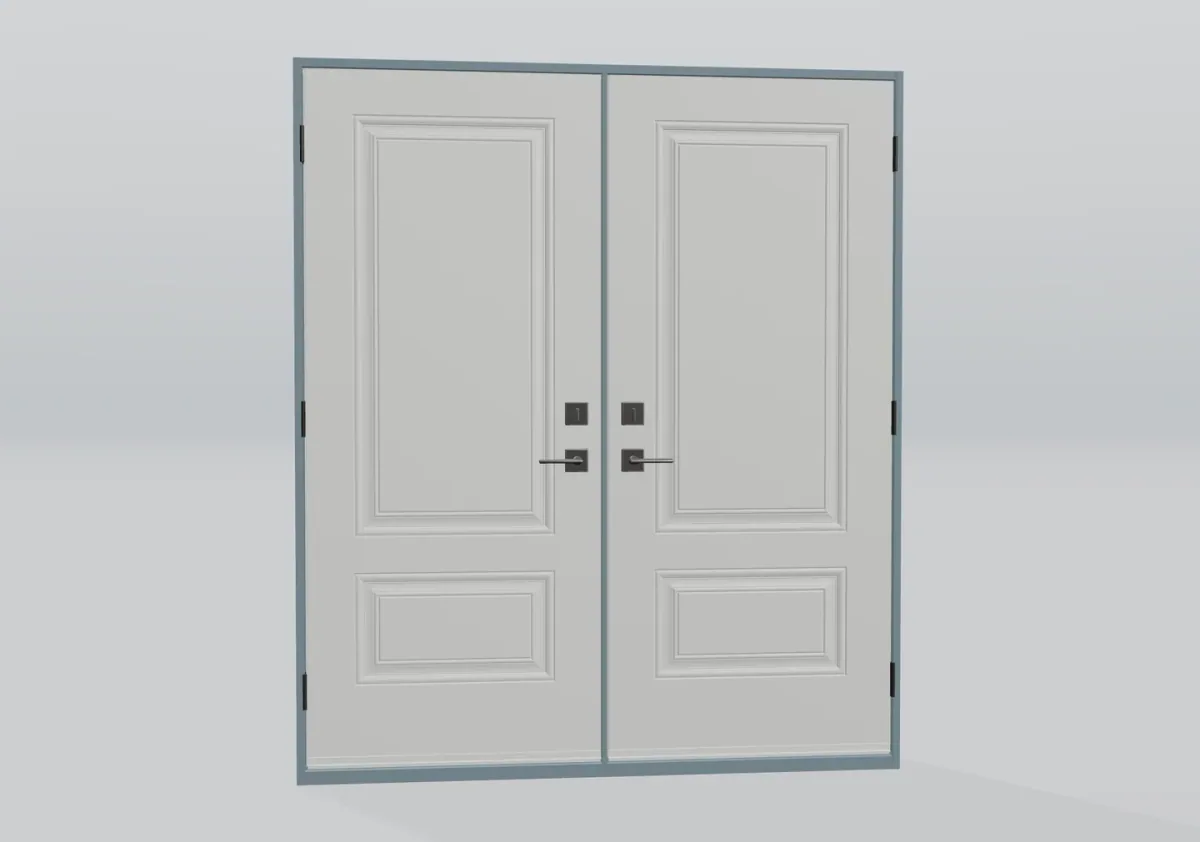 Puertas dobles blancas con paneles decorativos y tiradores oscuros.