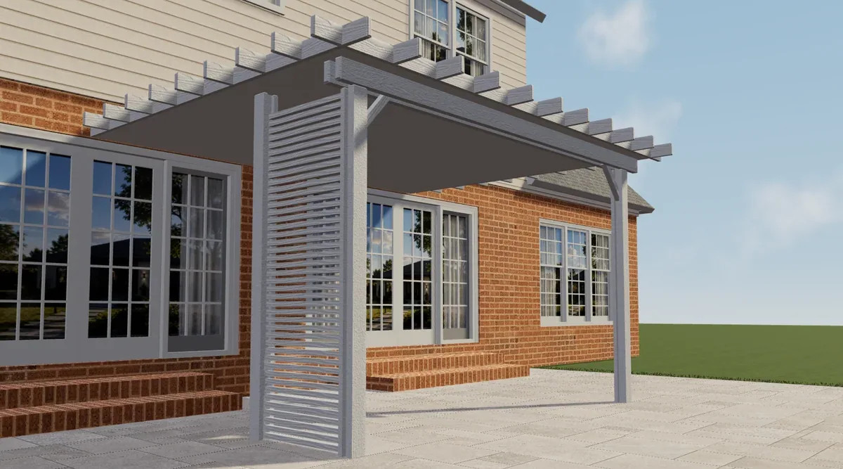 Pérgola de aluminio Elite blanca con lateral de listones junto a una casa de ladrillo
