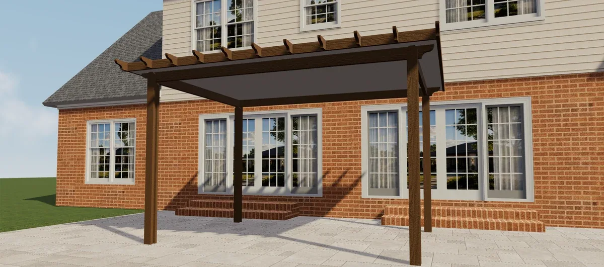 Pérgola cubierta de aluminio Brown Elite mostrada desde el frente al lado de una casa