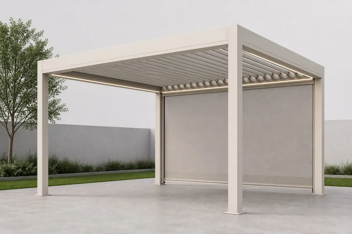 Pérgola independiente blanca con paneles laterales junto a un jardín