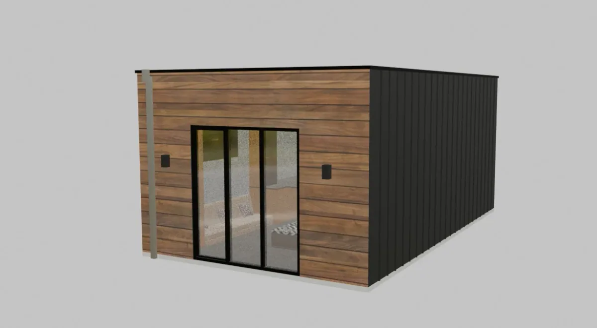 Exterior de casa modular con paneles acristalados de altura completa