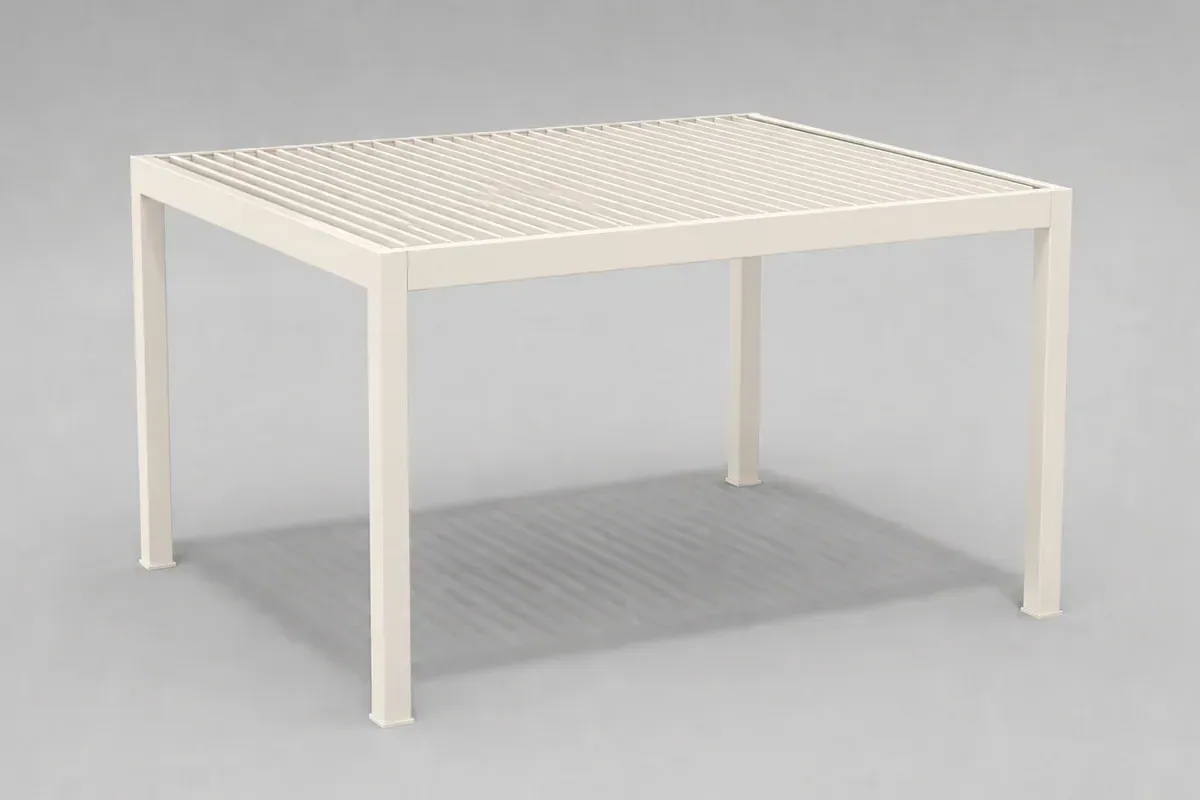 Pérgola independiente blanca con techo de lamas en una vista de producto neutra en 3D