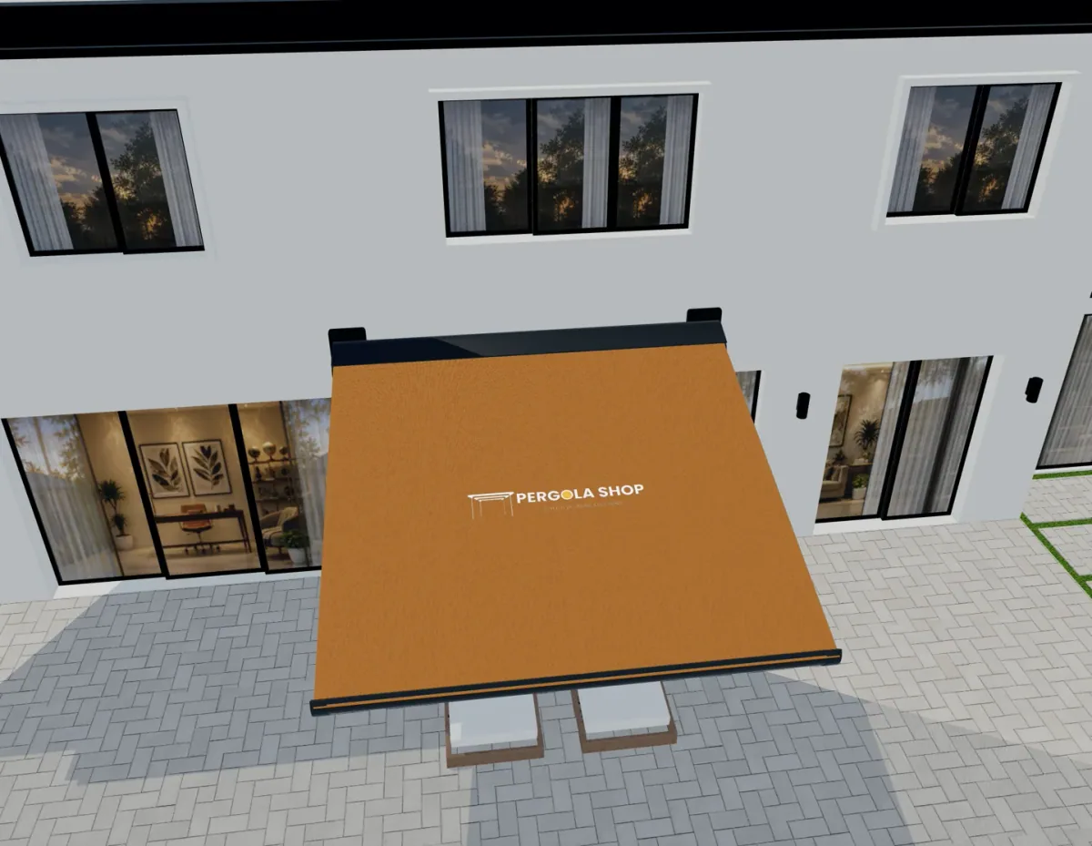 Toldo retráctil de tela naranja con marca en el exterior de una casa en 3D