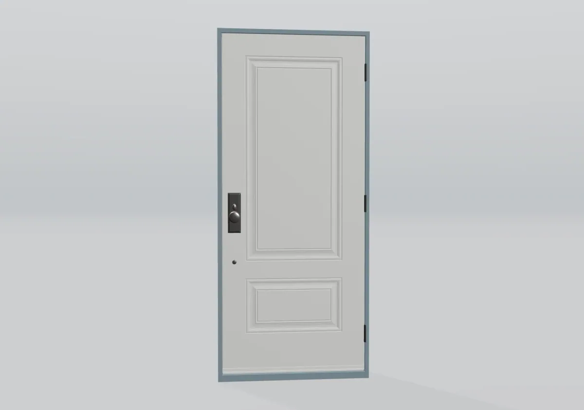 Puerta simple con paneles blancos, pomo oscuro y marco gris
