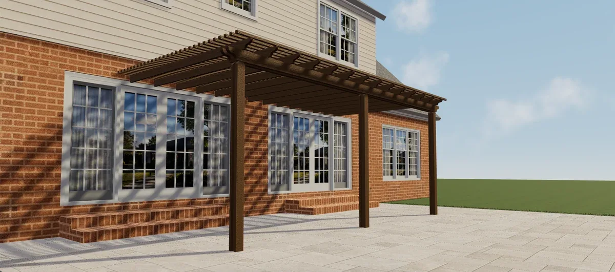 Vista lateral de una pérgola Elite de Aluminio marrón con techo de lamas abierto