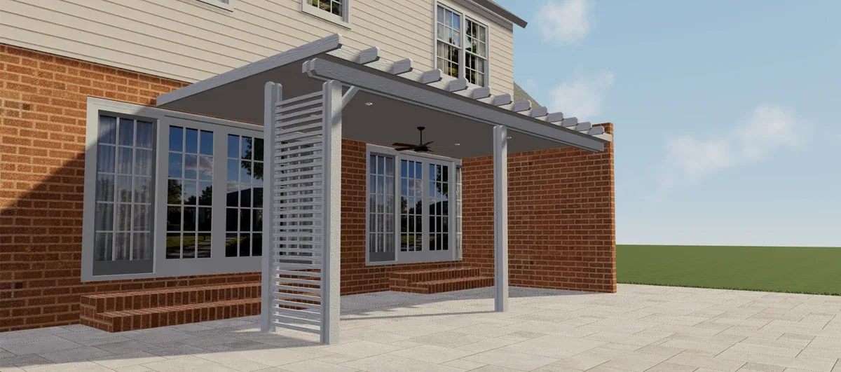 Pérgola cubierta de aluminio Elite Blanco con lateral de lamas y ventilador de techo