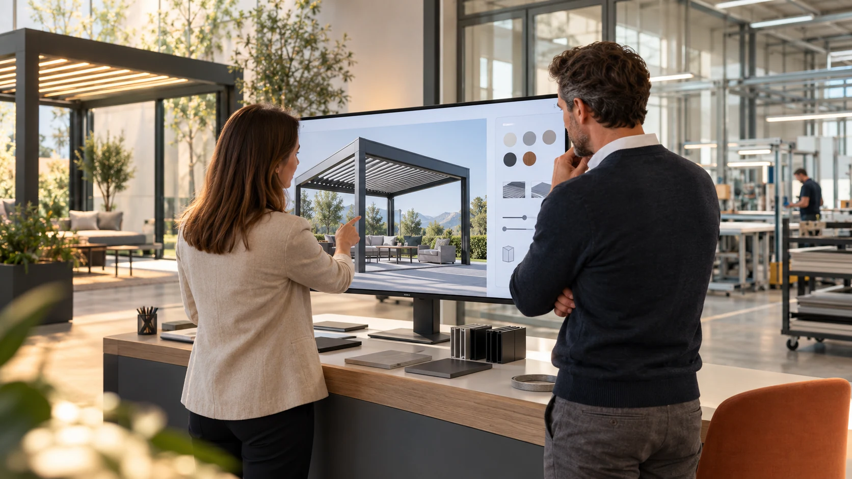 Dos profesionales revisan una pérgola en un configurador de productos 3D de Configurix dentro de una moderna exposición alemana.