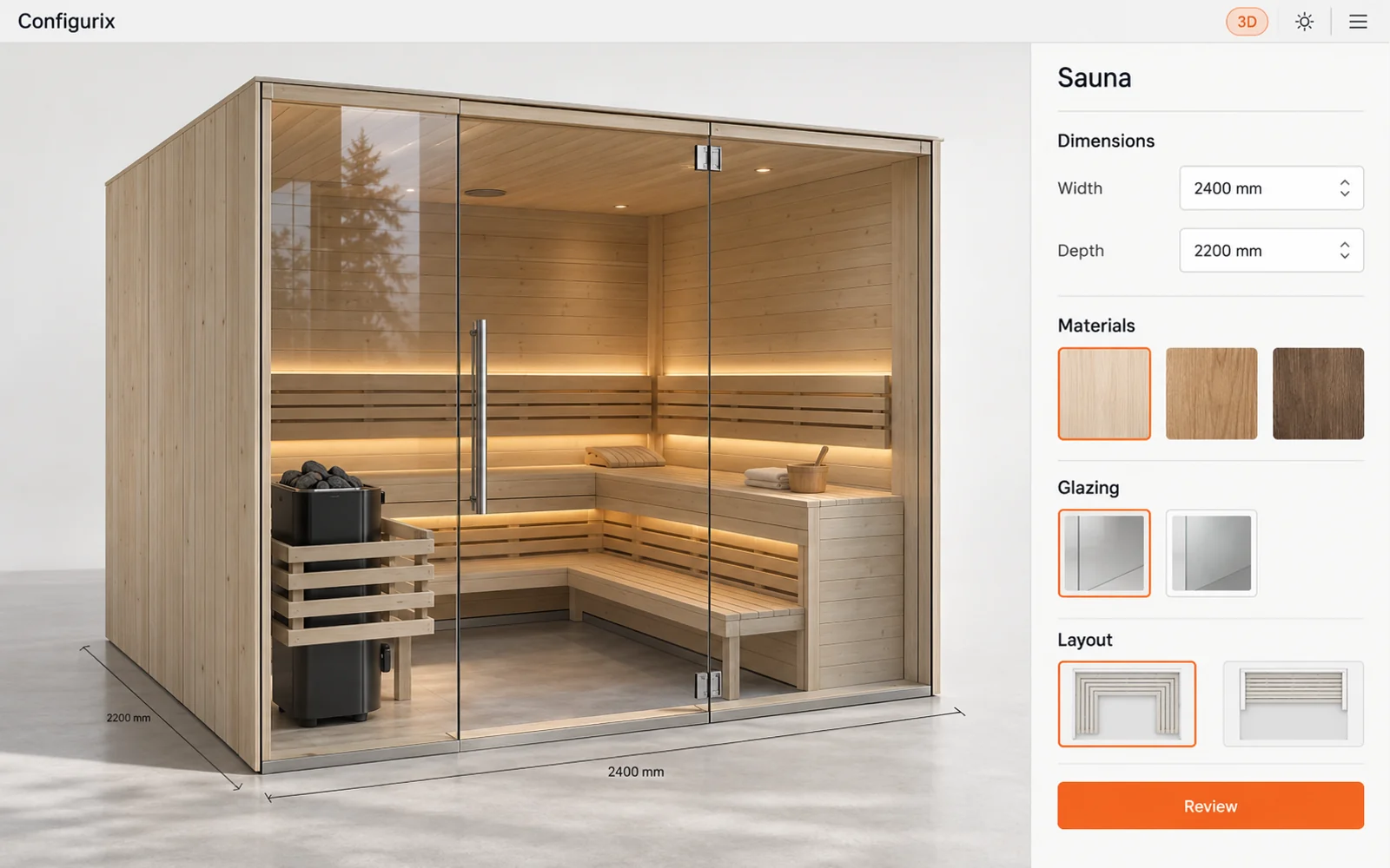 Ilustración de un configurador de saunas con cabina de madera acristalada, medidas y selección de materiales