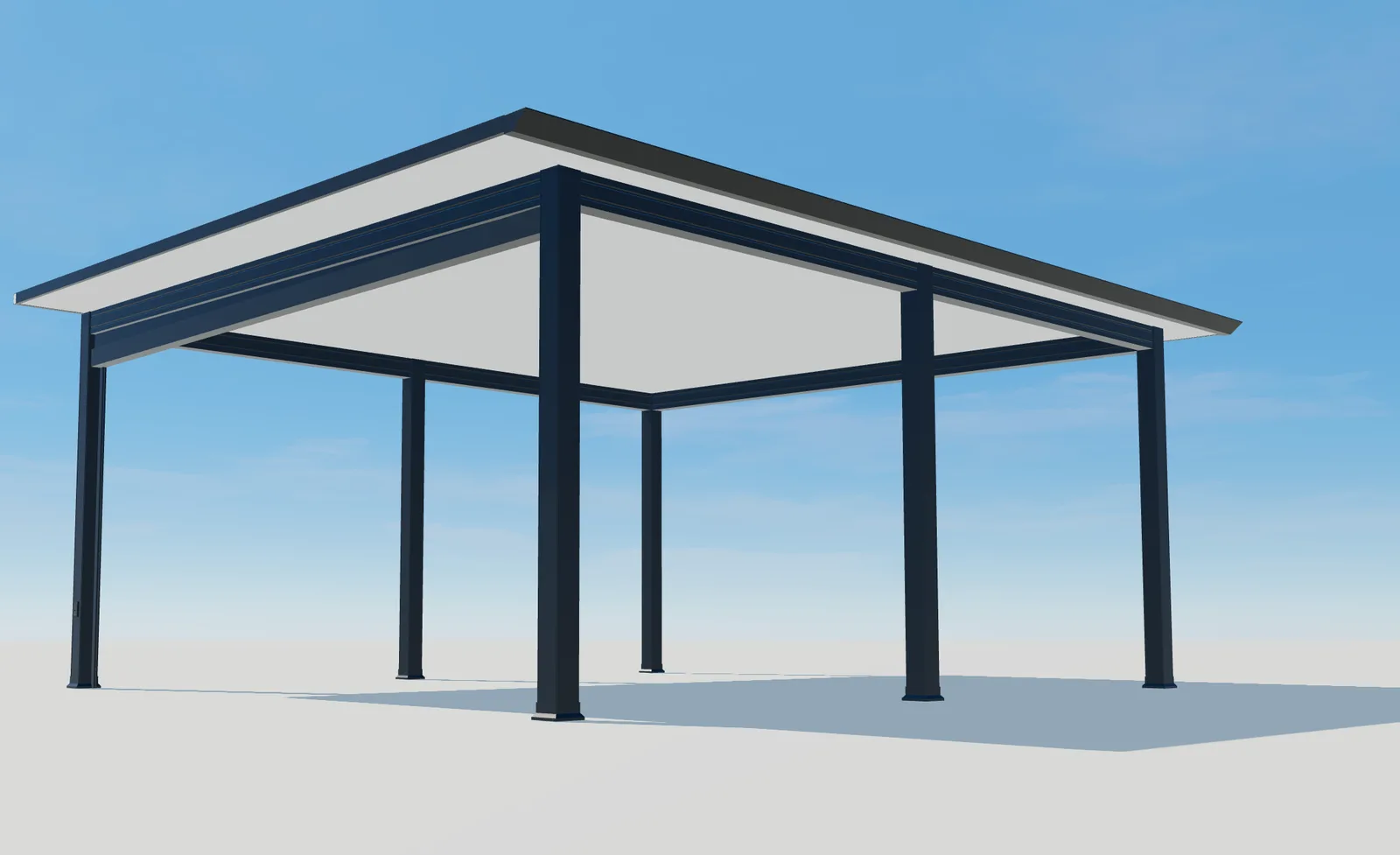Vista 3D desde abajo de Pergola Plus con postes oscuros y techo sólido claro.