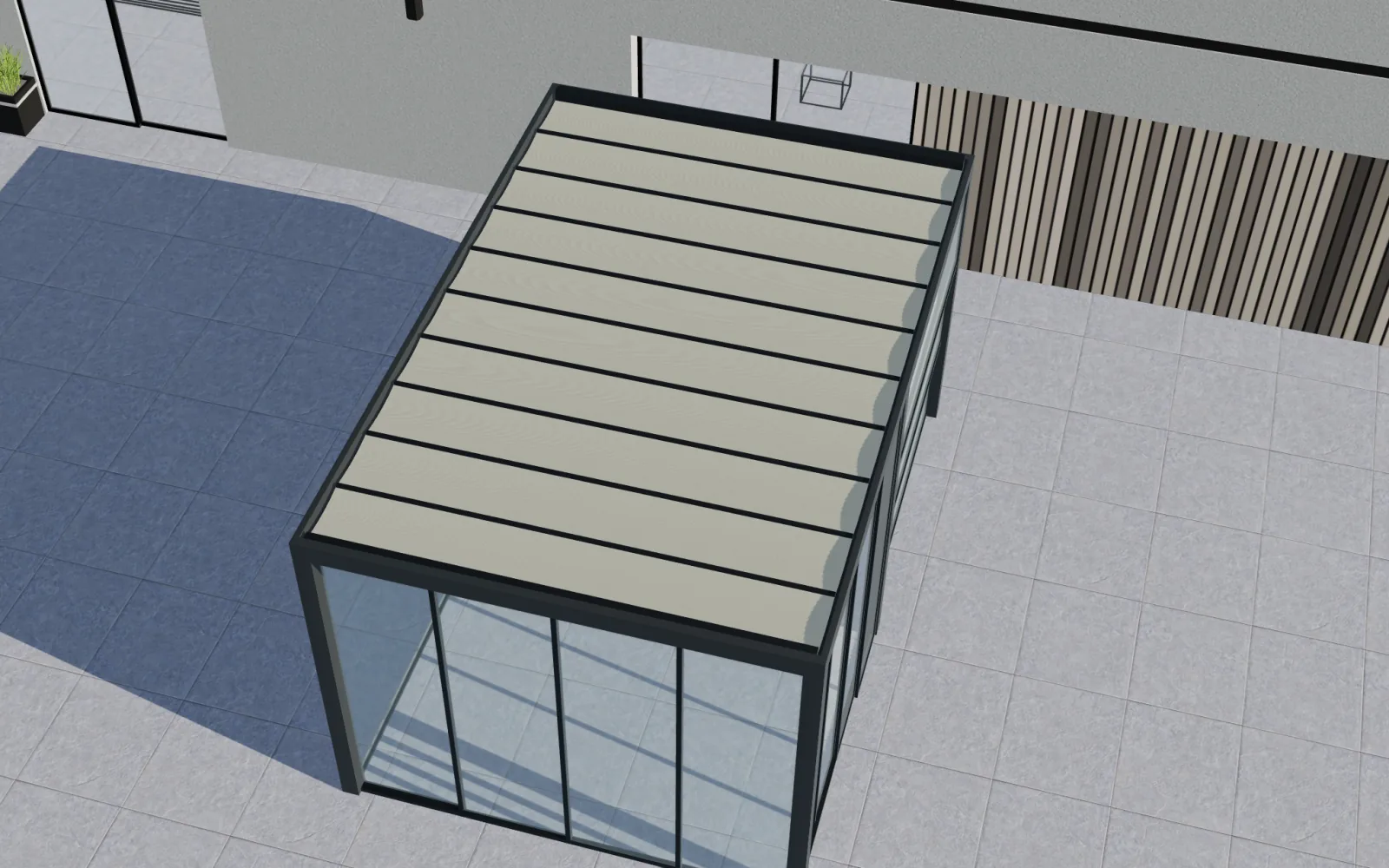 Vista 3D superior en Configurix de una pérgola antracita con cubierta cerrada y laterales acristalados.